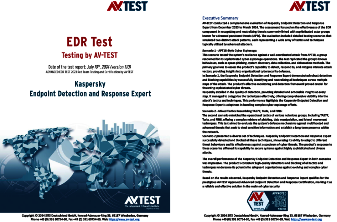 A test commissioned by Kaspersky Advanced EDR test 2024: Kaspersky Endpoint Detection and Response Expert