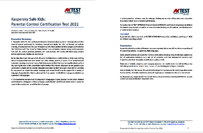 A test commissioned by Kaspersky Kaspersky Safe Kids: Parental Control Certification Test 2022